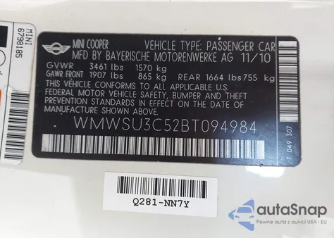 2011 Mini Cooper z USA, uszkodzony, nr VIN WMWSU3C52BT094984